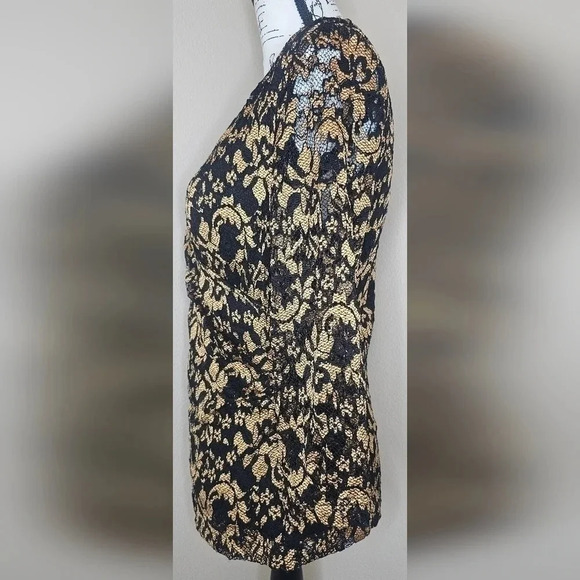 Coldwater Creek Womens Sz Small Gold Black Lace Overlay Floral Surplice Blouse - Picture 4 of 16